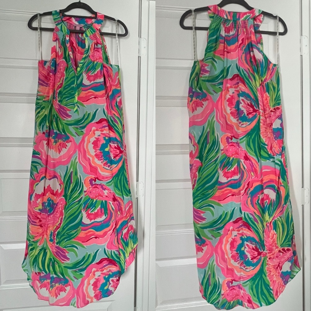 Lilly Pulitzer Bailey Midi Dress 100% Silk Sleeveless Serene Blue Paradise Bound